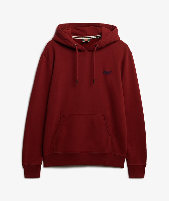 Red hoodie with a small logo on a white background
