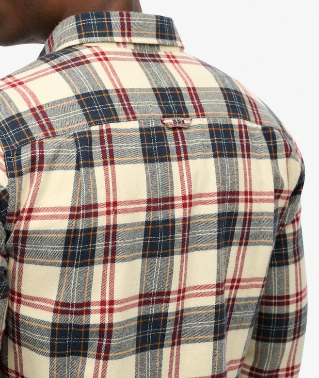 Plaid shirt with a focus on the pattern and fabric texture.