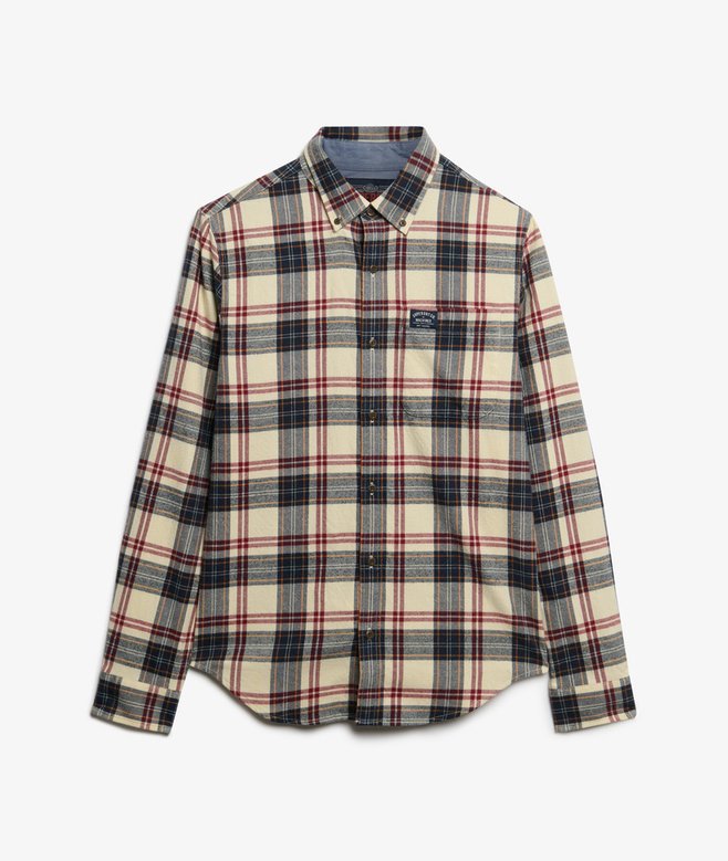 Plaid shirt with a visible brand logo on a white background