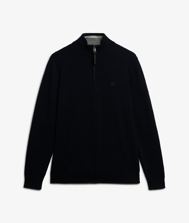 Navy quarter-zip sweater on a light gray background