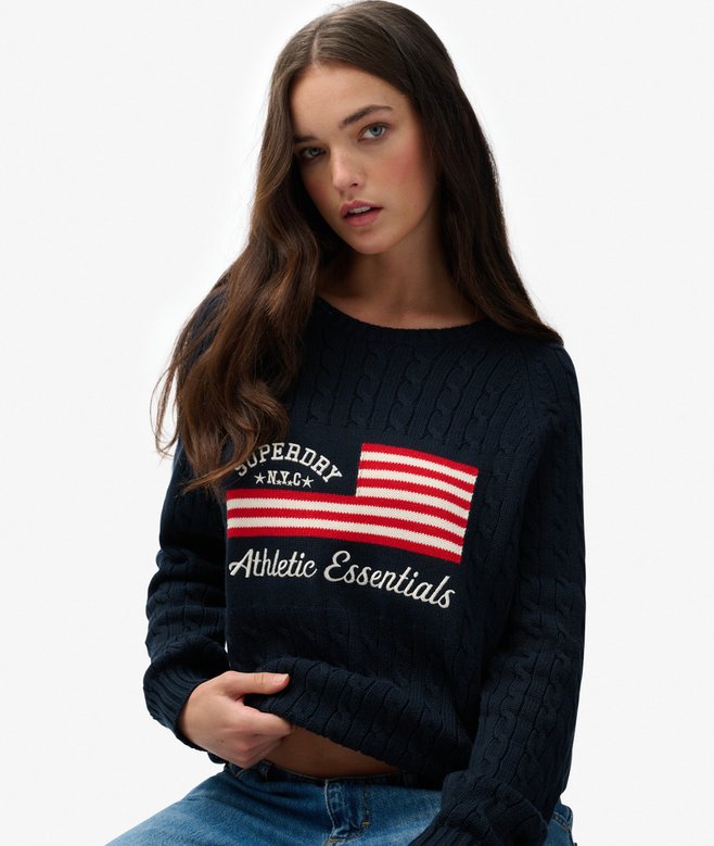 Ladies Slouchy Cable Flag Knit-Richest Navy-Closer View of the Front on Model