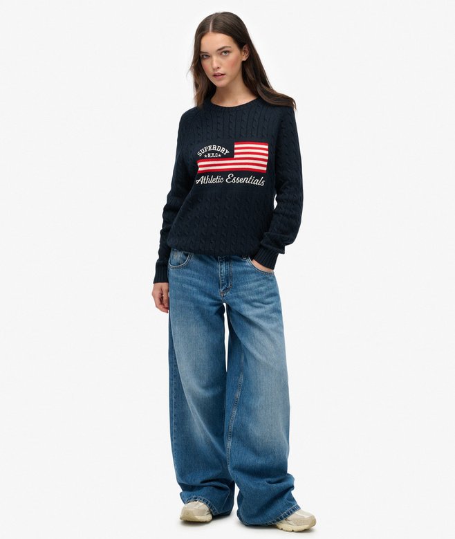 Ladies Slouchy Cable Flag Knit-Richest Navy-Model Full Front View