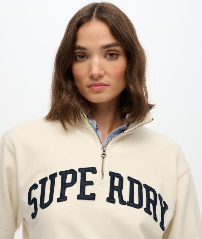 Ladies Athletic Essentials Applique Half Zip-Desert Bone Off White-Logo View