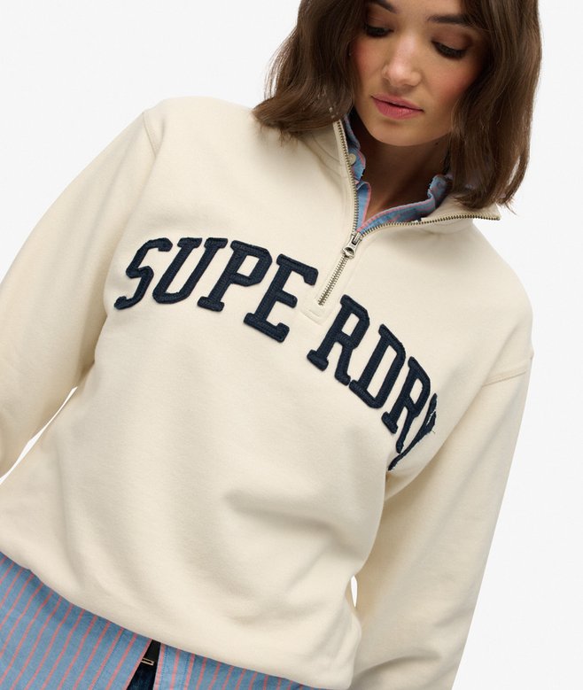 Ladies Athletic Essentials Applique Half Zip-Desert Bone Off White-Closer View of the Front