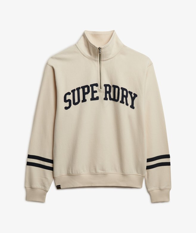 Superdry Ladies Athletic Essentials Applique Half Zip-Desert Bone Off White Desert Bone Off White flat front view