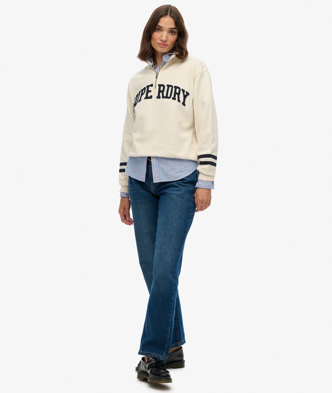 Ladies Athletic Essentials Applique Half Zip-Desert Bone Off White-Model Full Front View