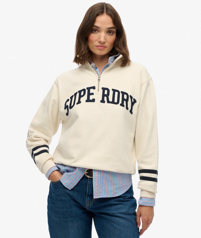 Ladies Athletic Essentials Applique Half Zip-Desert Bone Off White-Model Front View