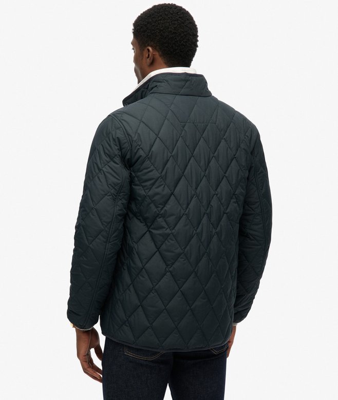 Person wearing a navy quilted jacket on a white background