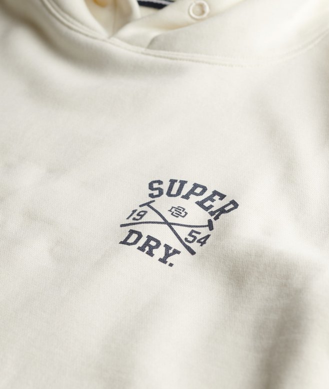 White hoodie with 'Super Dry' logo on a white background