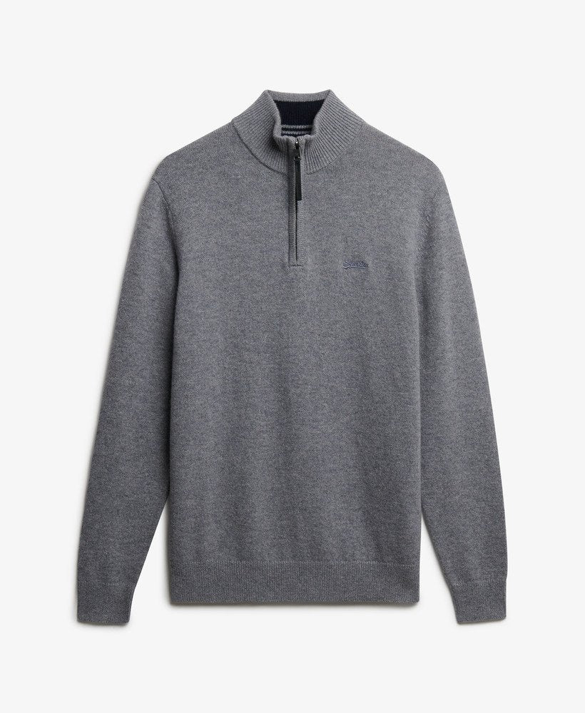 Gray quarter-zip sweater on a white background