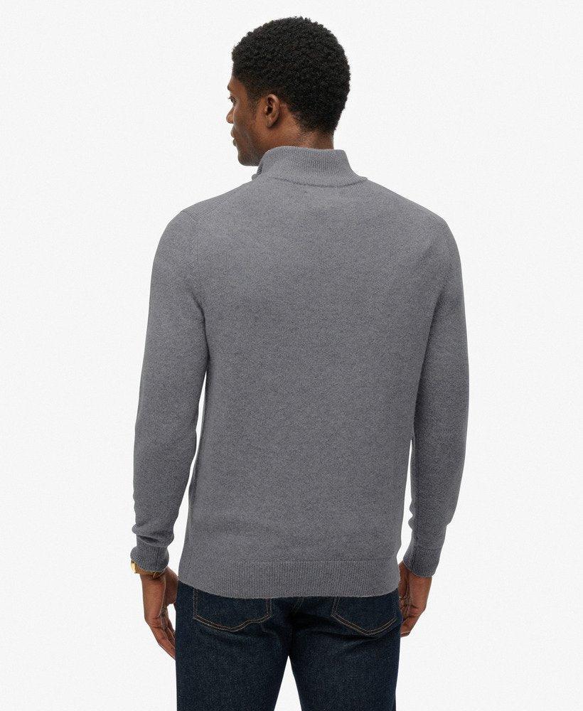 Man wearing a gray half-zip sweater on a white background