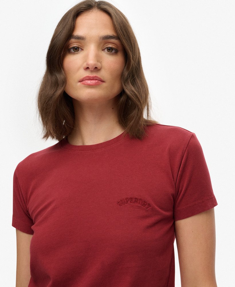 Ladies Essential Logo Fitted Tee Ind-Bordeaux Red-Logo View