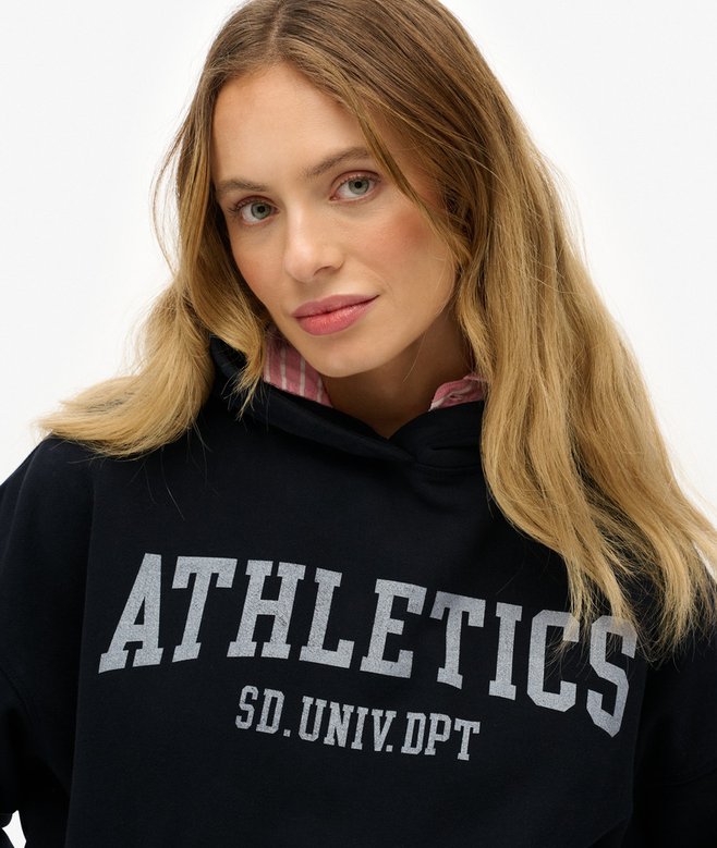 Ladies Athletic Essentials Navy Relaxed Hoodie-Closer View of the Front