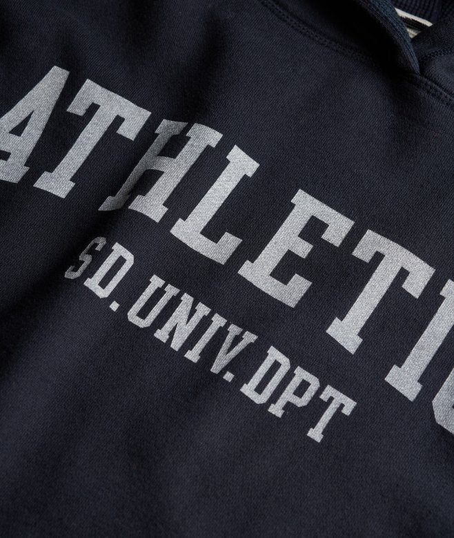 Ladies Athletic Essentials Navy Relaxed Hoodie-Close Up View of the Writing