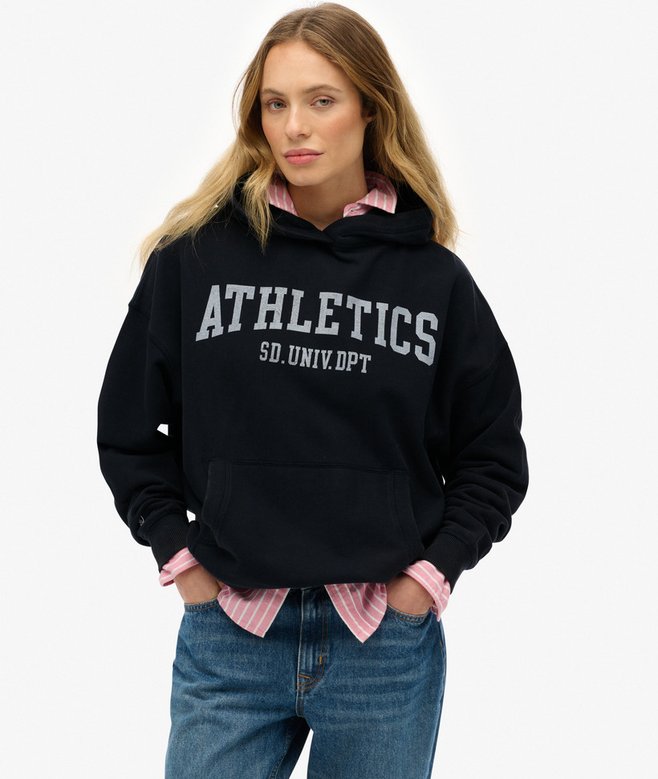 Ladies Athletic Essentials Navy Relaxed Hoodie-Model Front View