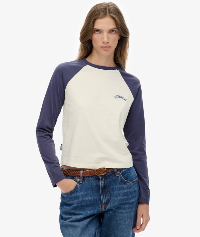 Superdry Ladies Essential Logo Baseball Mariner Navy/Desert Bone Top Mariner Navy/Desert Bone Ow front view