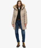 Superdry Ladies Fuji Faux Fur Hood Mid Length Puffer-Chateau Grey Chateau Grey side view