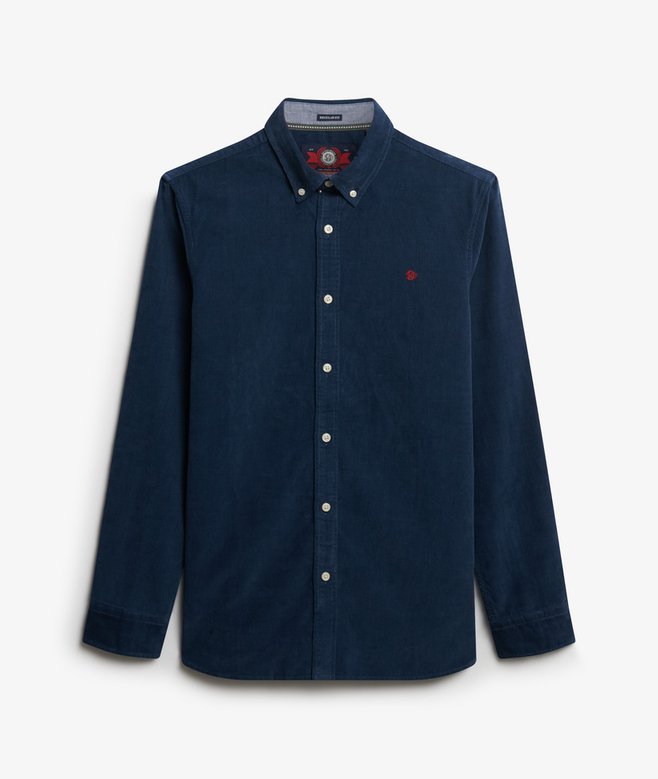 Navy blue button-up shirt with a small red detail on a light gray background