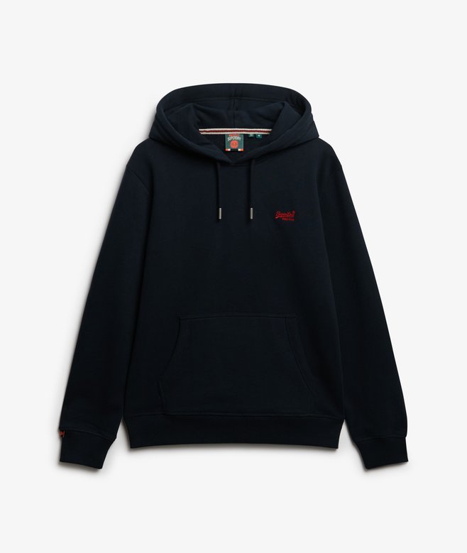 navy hoodie  with a small red logo on a light gray background