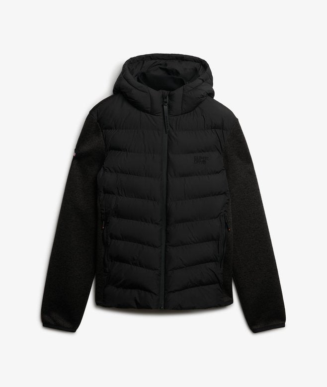 Black puffer jacket on a light gray background