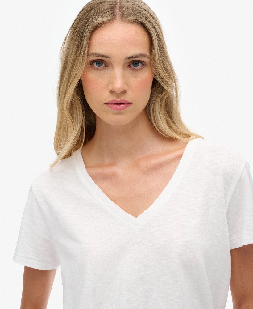 Superdry Ladies Studios Slub Emb Vee Tee-Optic optic model front view