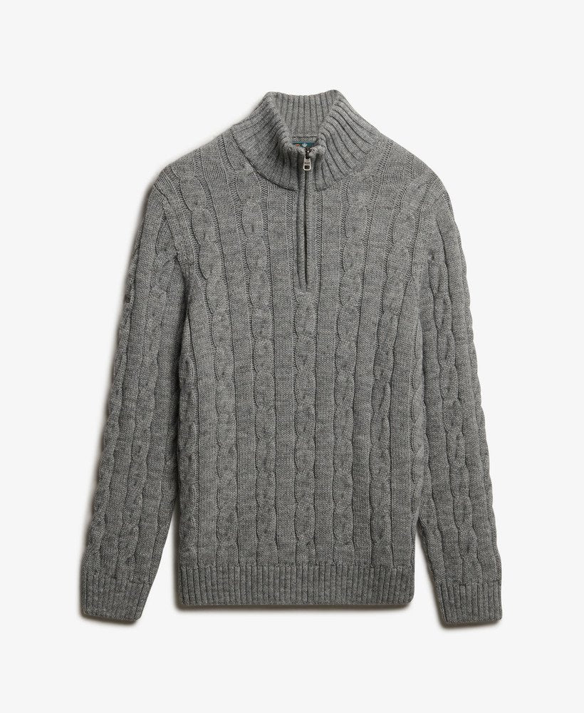 Gray cable knit sweater with a quarter zip on a white background
