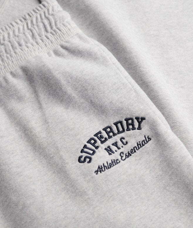 Close-up of a gray sweatshirt with 'Superdry N.Y.C. Athletic Essentials' embroidery.