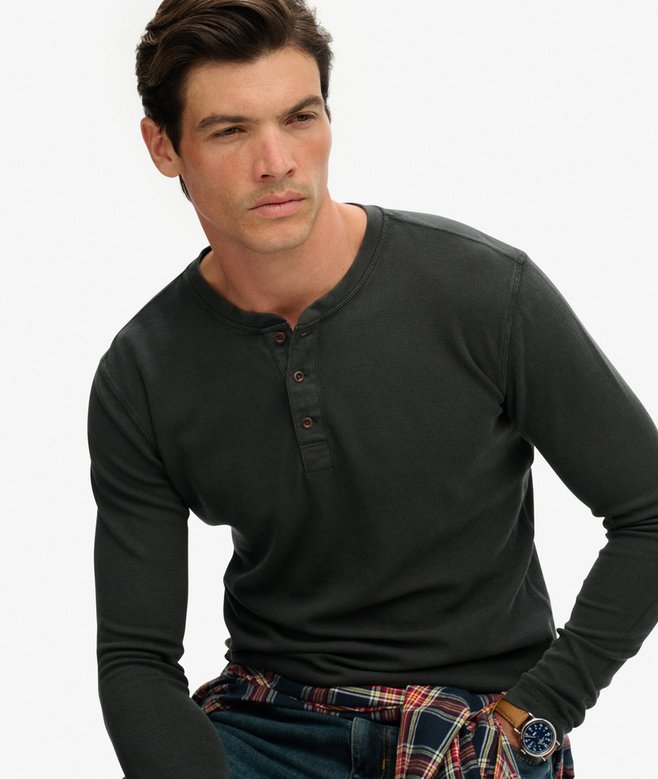 Waffle Long Sleeve Henley Top-Washed Black