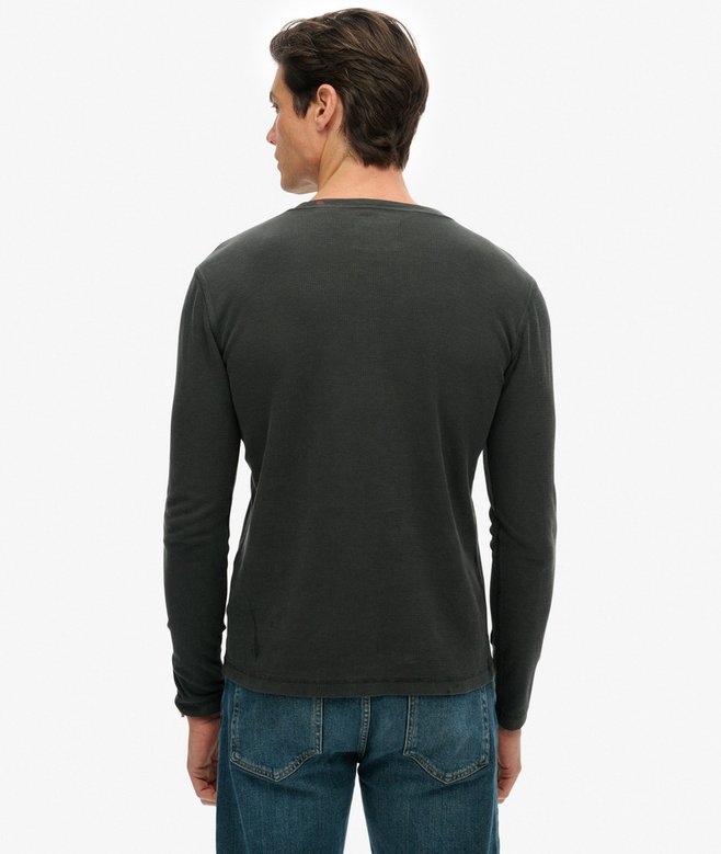 Waffle Long Sleeve Henley Top-Washed Black
