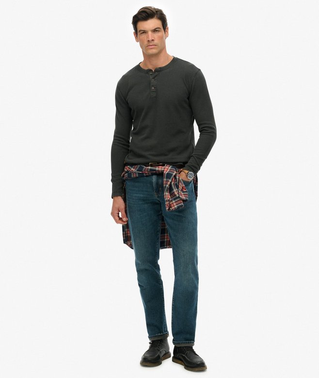 SUPERDRY Waffle Long Sleeve Henley Top-Washed Black WASHED BLACK model front view