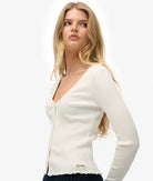 Superdry Ladies Essential Button Thru Long Sleeve Top-Off White Off White model front view