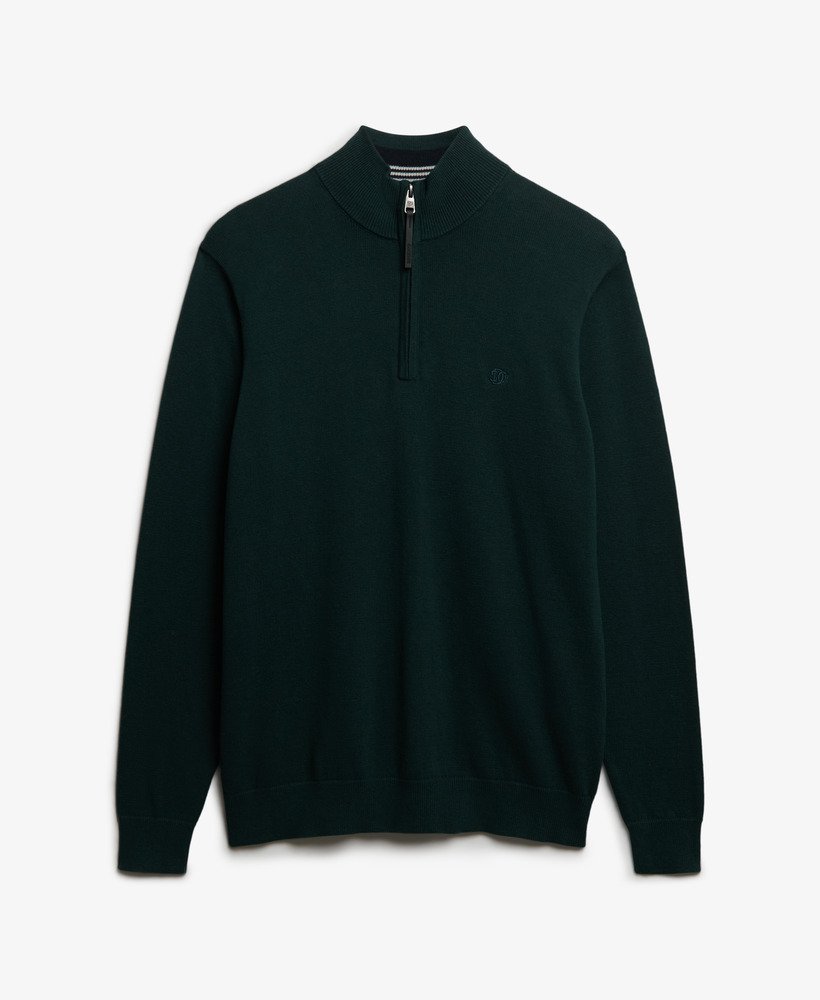 Dark green sweater with a quarter zip on a light gray background