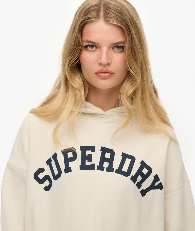 Ladies Athletic Essentials Off White Relaxed Hoodie-Closer View of Logo