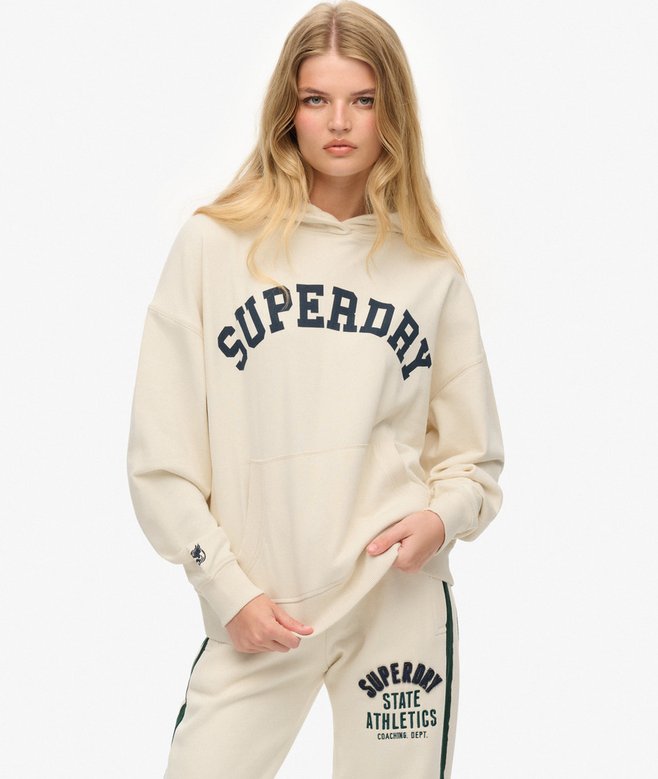 Superdry Ladies Athletic Essentials Off White Relaxed Hoodie Desert Bone Off White front view