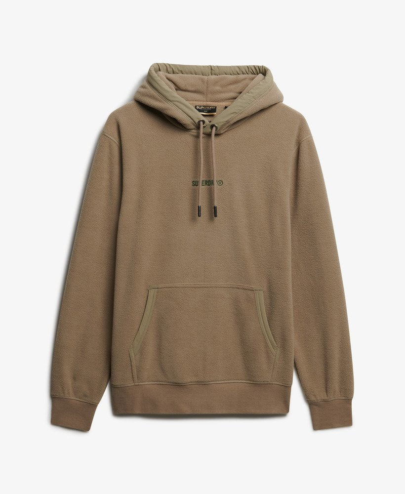 Beige hoodie with a brand logo on a white background