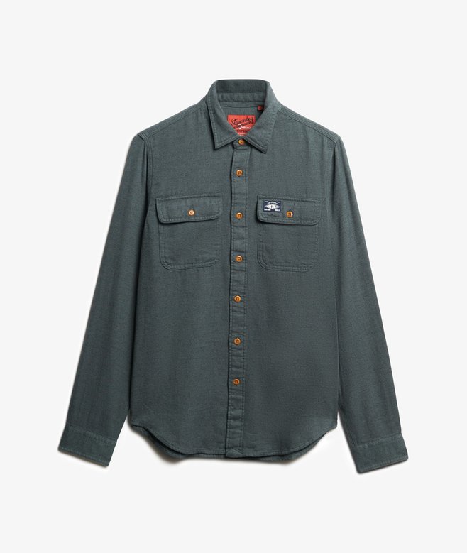 Green button-up shirt with brand logo on a white background
