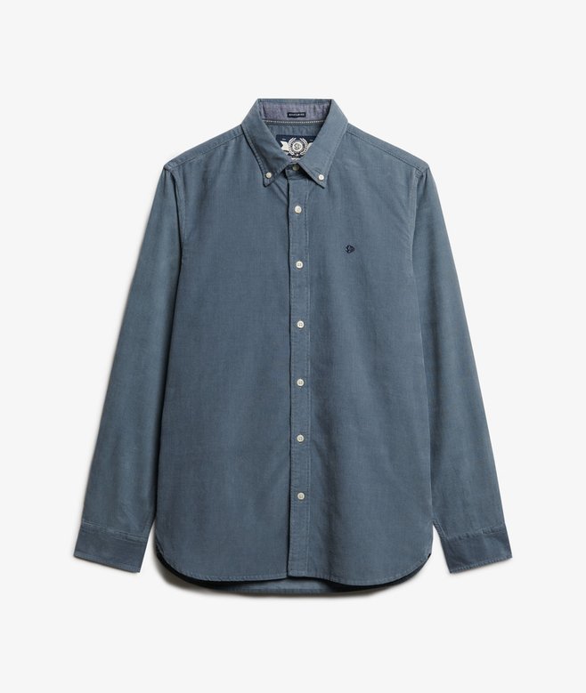 Blue button-up shirt on a white background