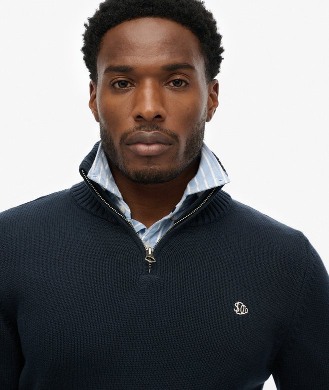 Men's Cotton Half Zip Knit-Navy-Closer View of the Front