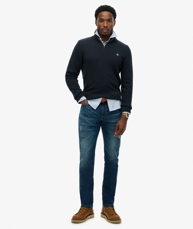Men's Cotton Half Zip Knit-Navy-Full Modle Front View