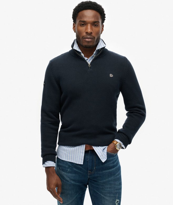 Men's Cotton Half Zip Knit-Navy-Model Front View