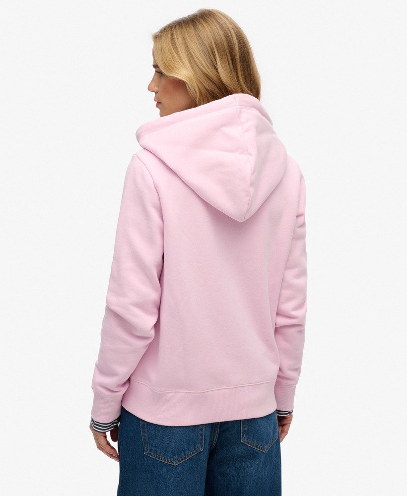 Person wearing a pink hoodie on a white background