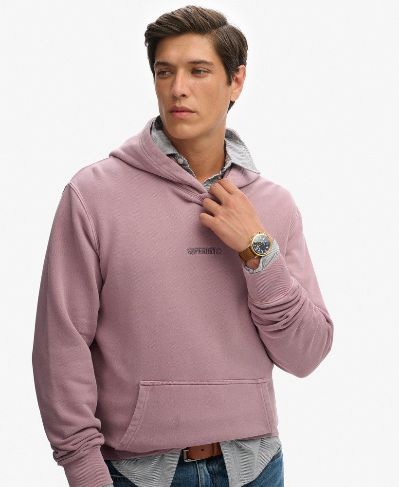 Man wearing a pink hoodie with a brand logo on a white background