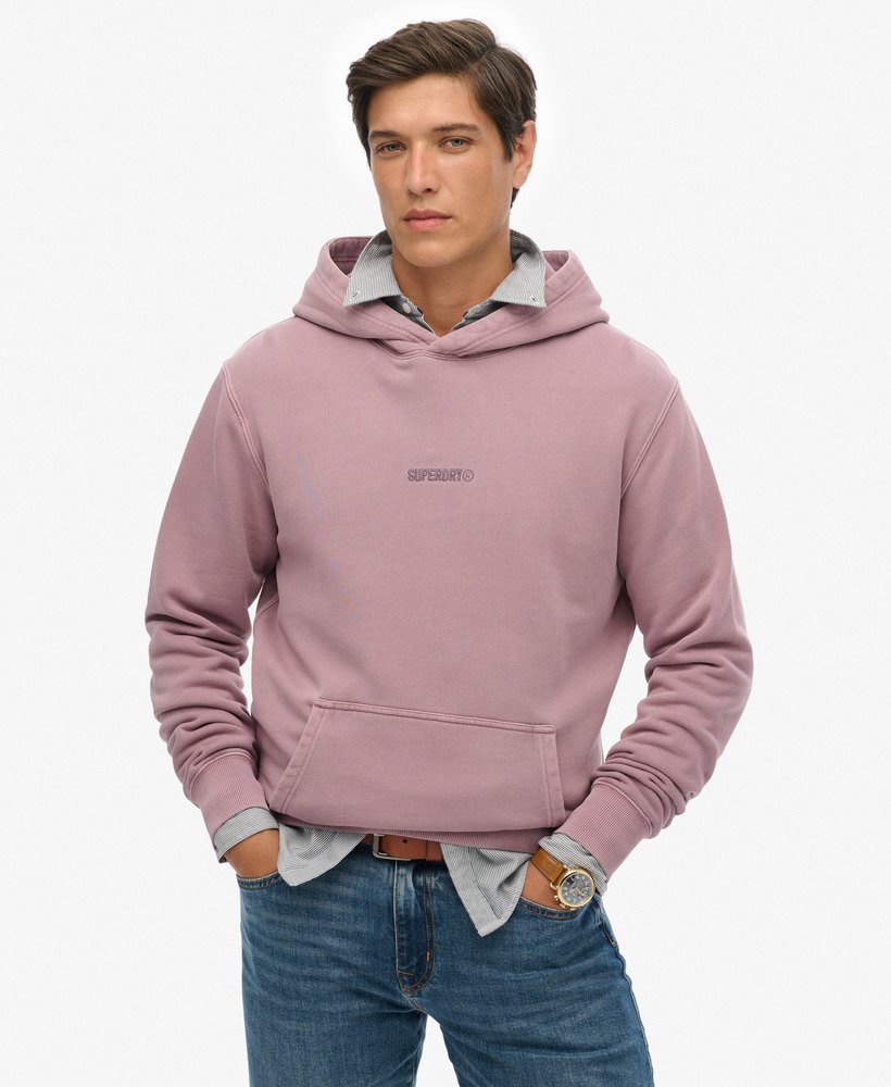 Man wearing a pink hoodie with a brand logo on a white background