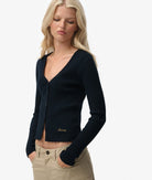Superdry Ladies Essential Button Through Long Sleeve Top-Eclipse Navy Eclipse Navy model front view