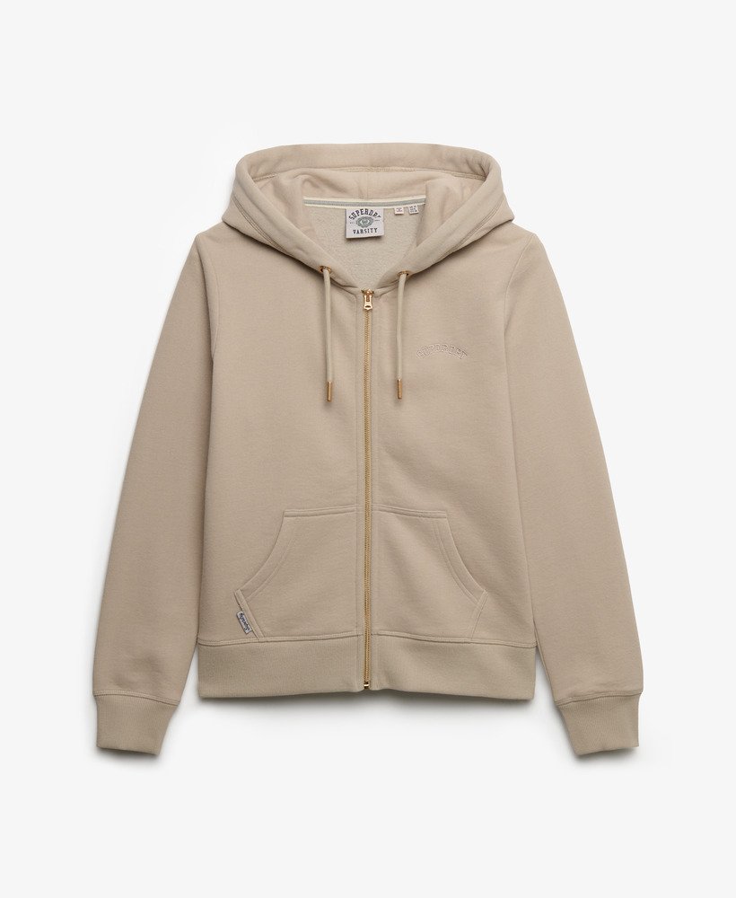 Beige hoodie with a brand logo on a white background