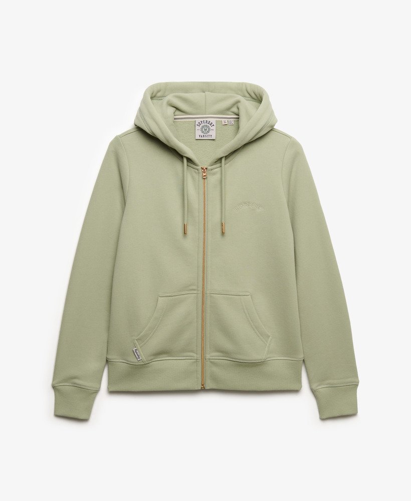 Green hoodie with a brand logo on a white background