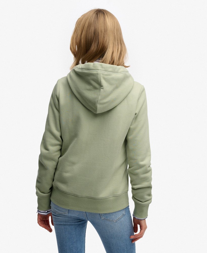 Person wearing a green hoodie from behind on a white background