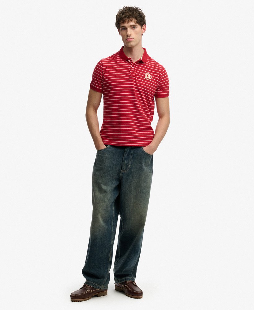 Men's Vintage Stripe Jersey Polo-Red Stripe-Model Full Front View