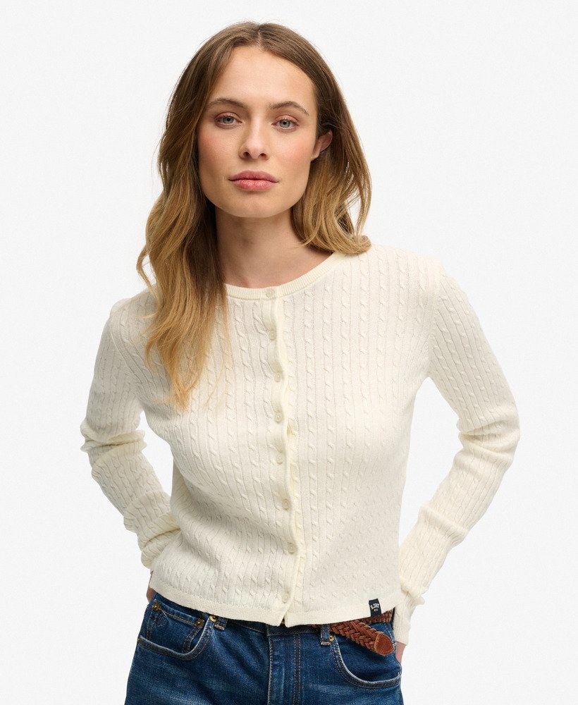 Ladies Lightweight Essential Cardigan-Off White-Model Front View