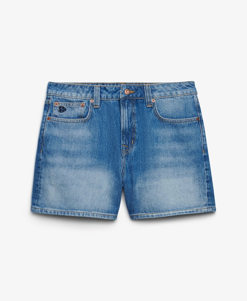 Superdry Ladies Mid Rise Denim Short-Mid Blue MID BLUE close up view